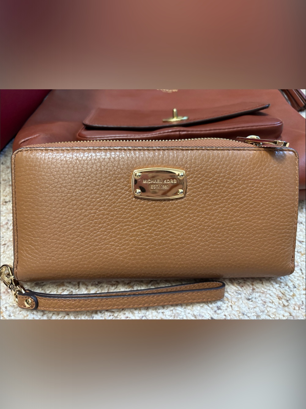 Michael Kors Pebbled Leather Wristlet in Tan with Gold Hardware